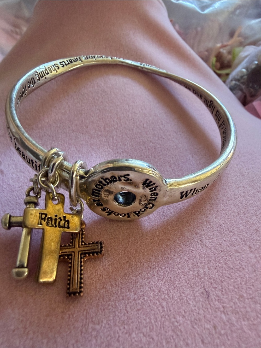 Faith Cross Charm Bangle Bracelet-Gold & Silver Tones, 2.75” round, (J0206)